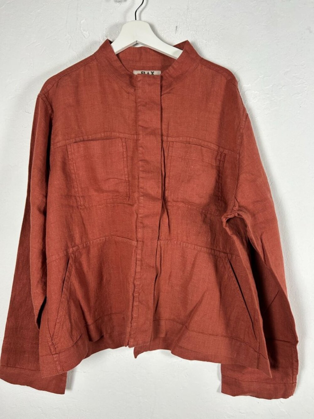 Flax Women’s Rust Linen Button-Up Military Jacket Pockets Large Lightweight NWOT